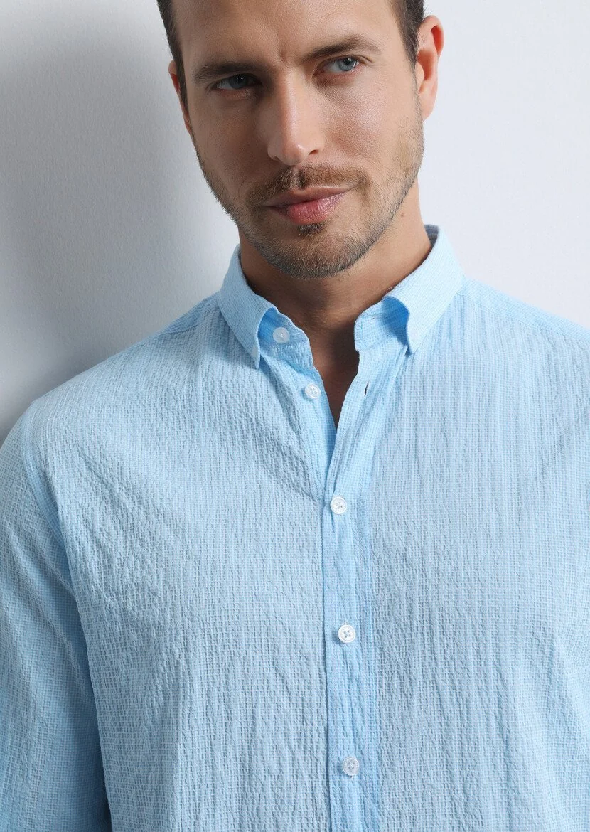 Blue Checkered Regular Fit Weaving Denim Cotton Blended Shirt - 4