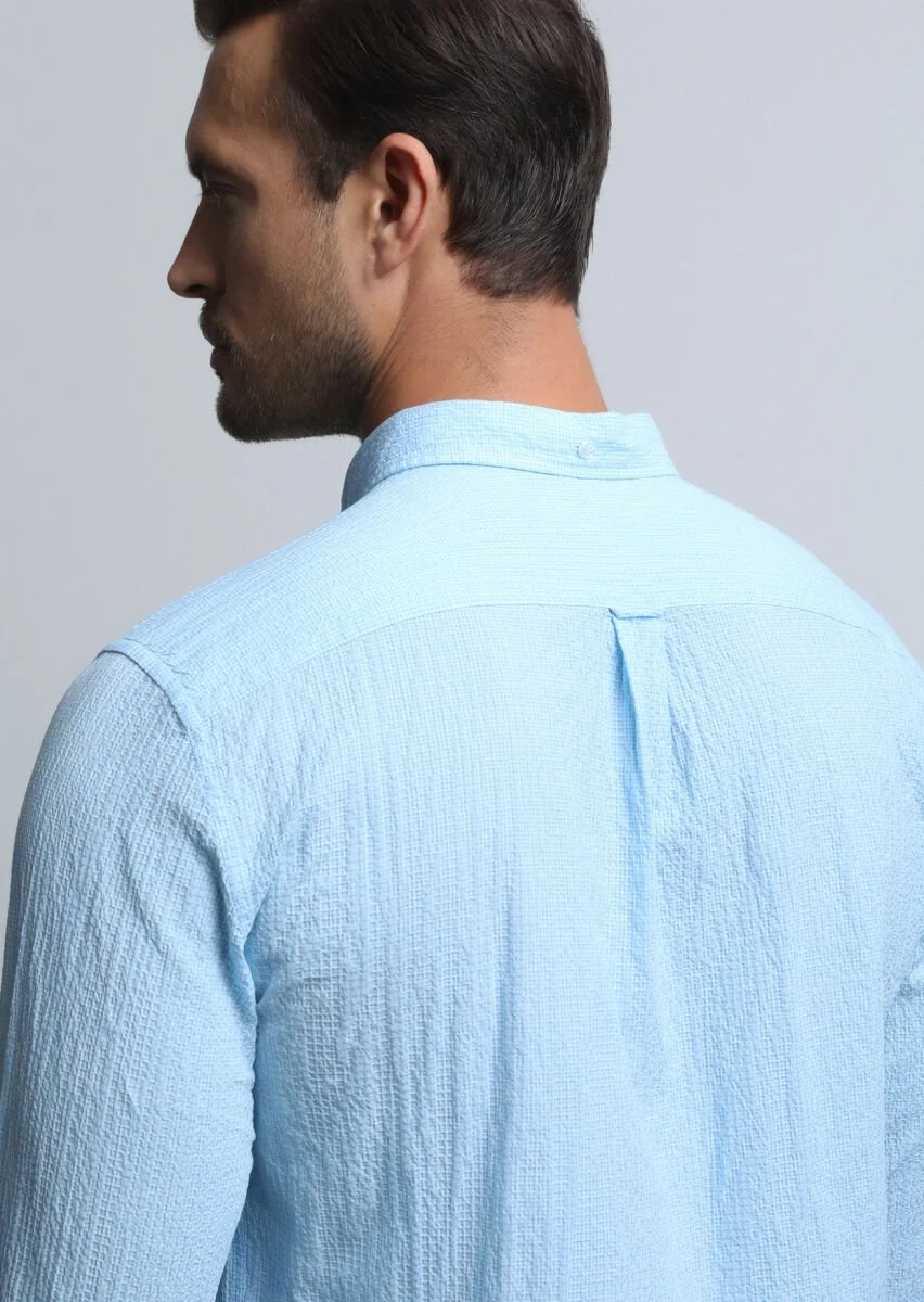 Blue Checkered Regular Fit Weaving Denim Cotton Blended Shirt - 5