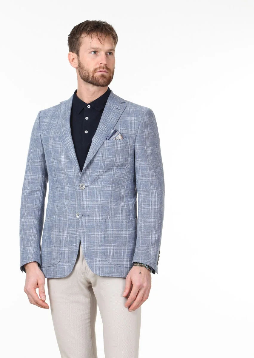 Blue Checkered Regular Fit Wool Blended Jacket - 1