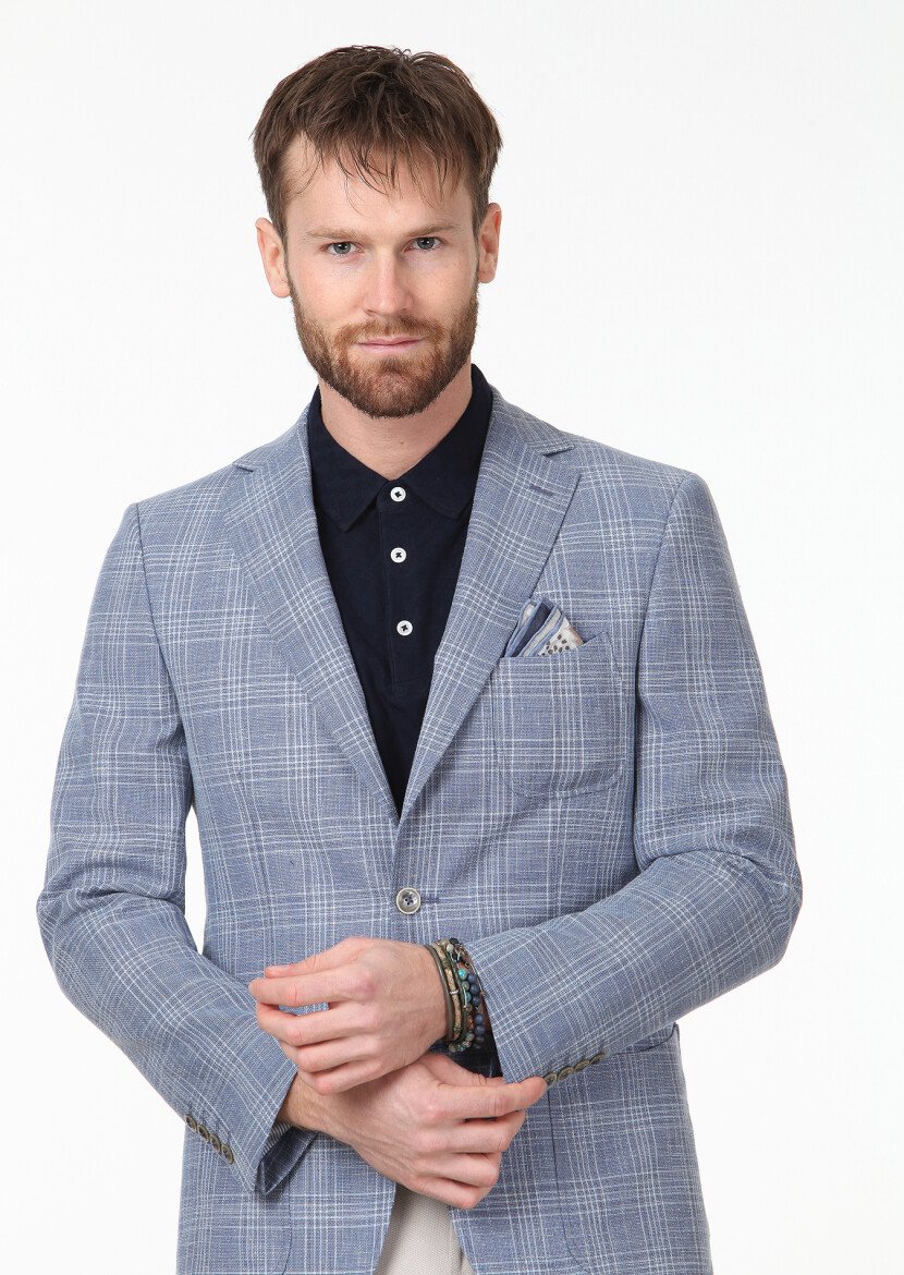 Blue Checkered Regular Fit Wool Blended Jacket - 3