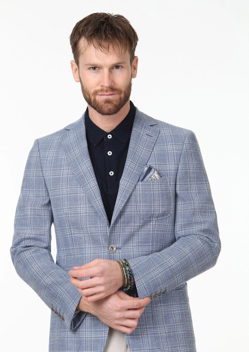 Blue Checkered Regular Fit Wool Blended Jacket - 3
