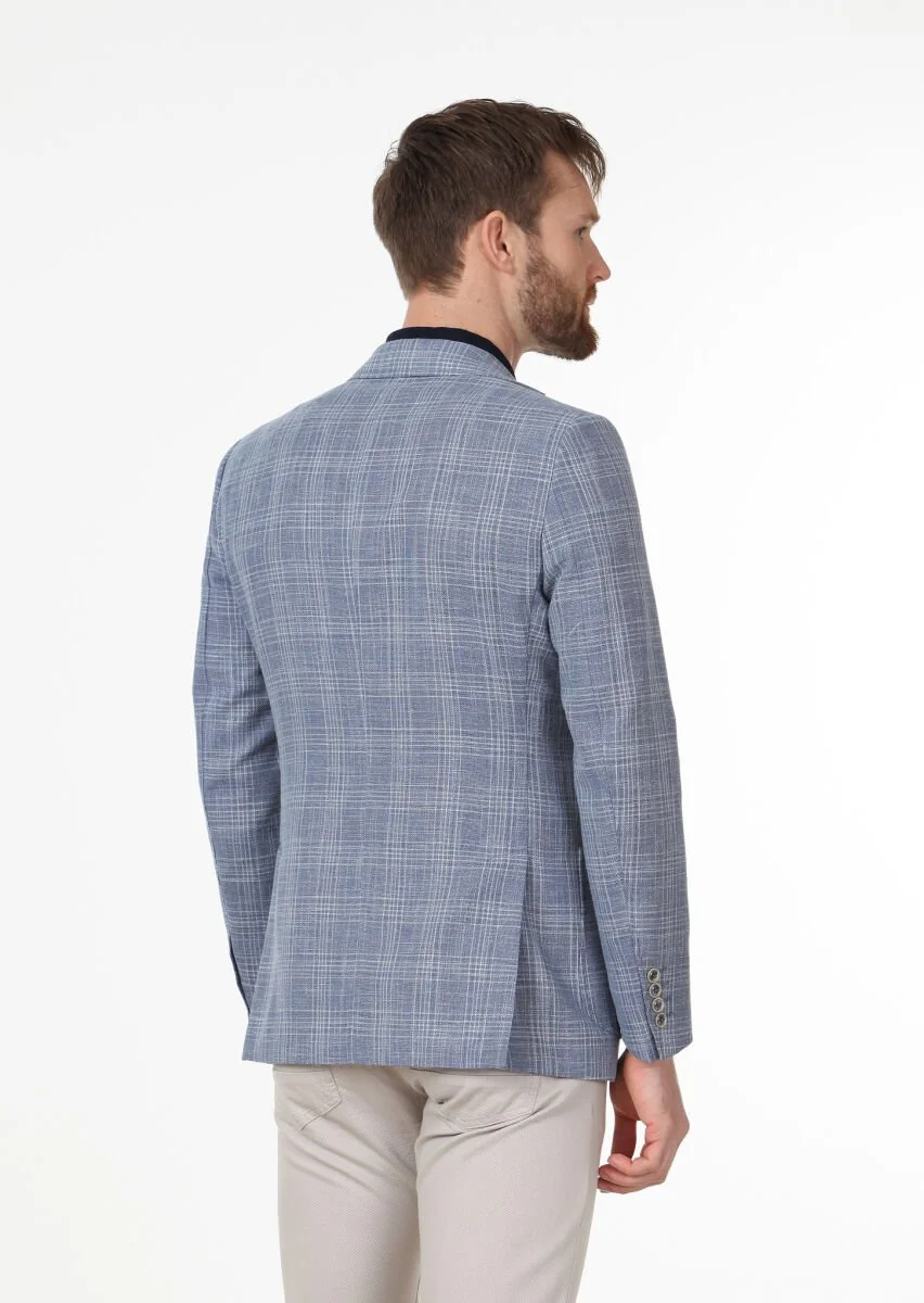 Blue Checkered Regular Fit Wool Blended Jacket - 4