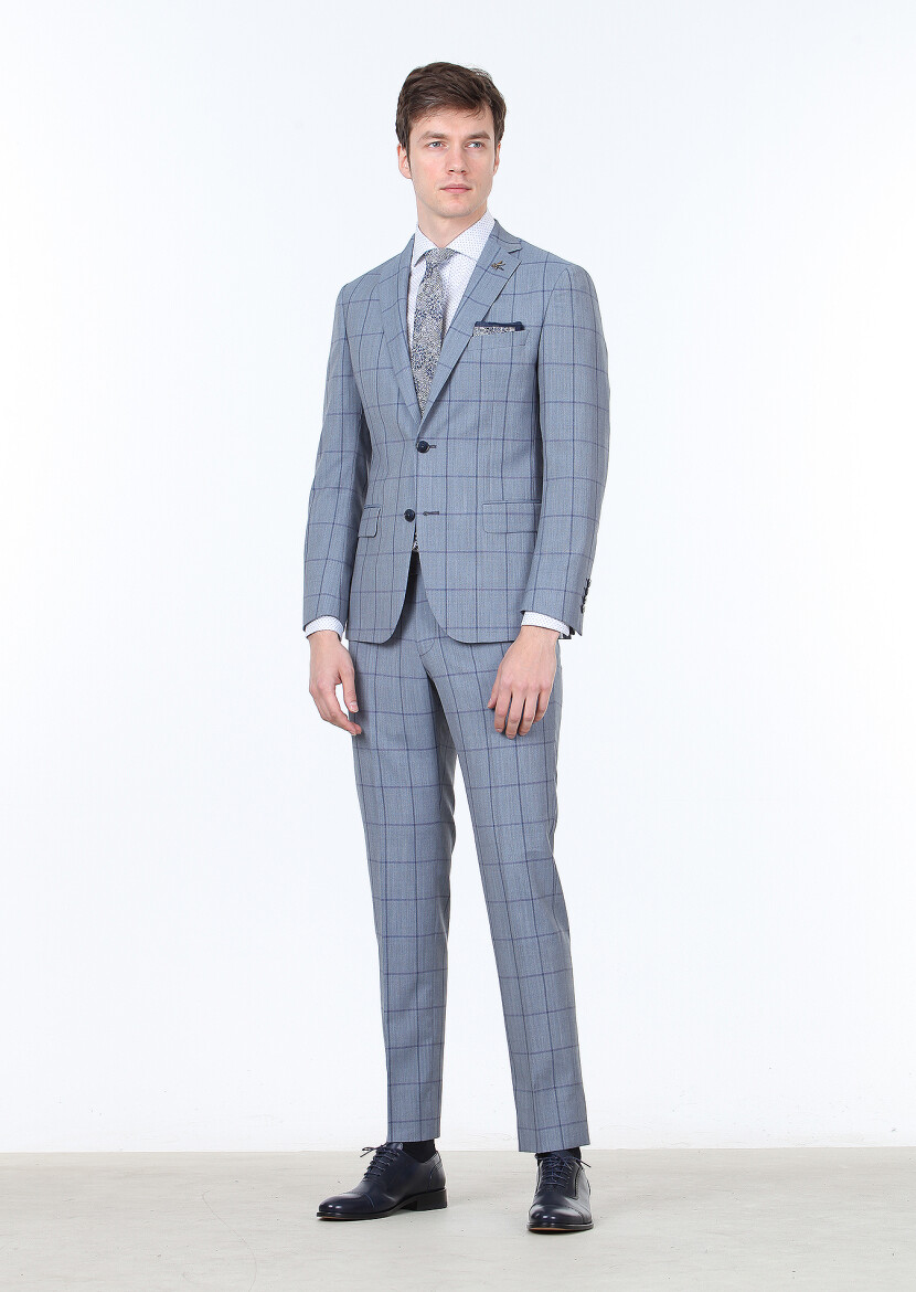 Blue Checkered Zeroweight Slim Fit 100% Wool Suit - 1