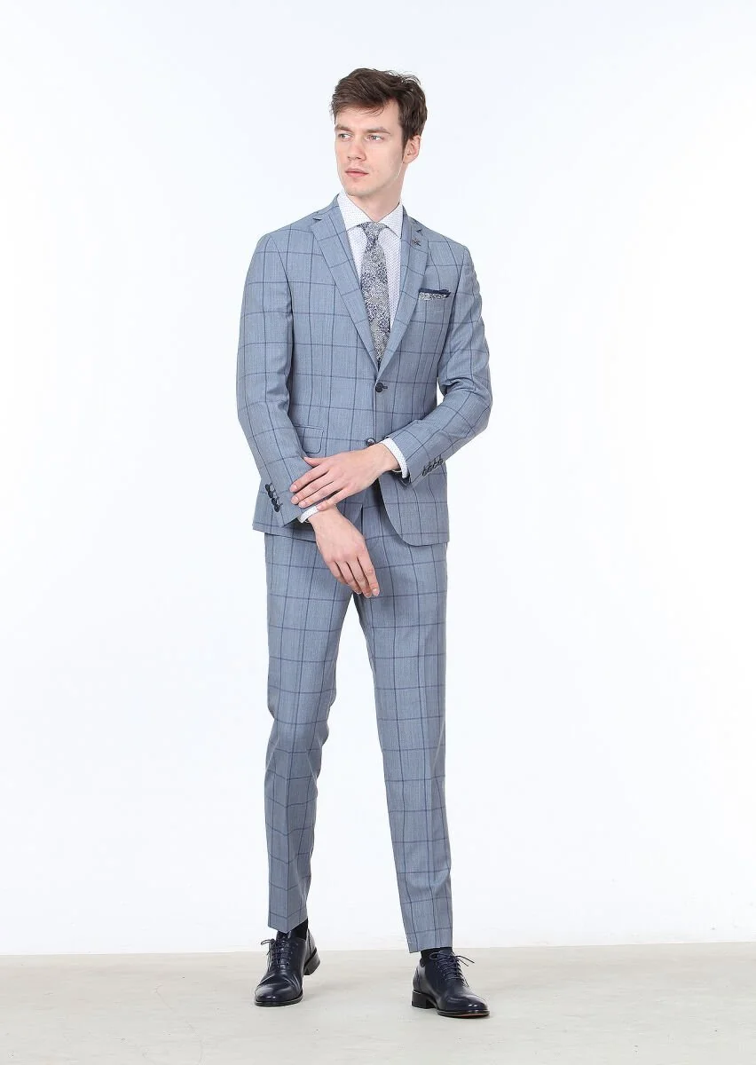 Blue Checkered Zeroweight Slim Fit 100% Wool Suit - 2