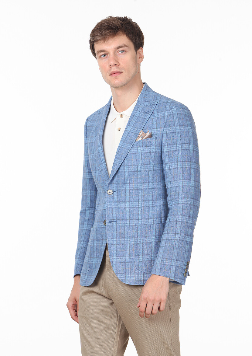 Blue Checkered Zeroweight Slim Fit Cotton Blended Jacket - 1