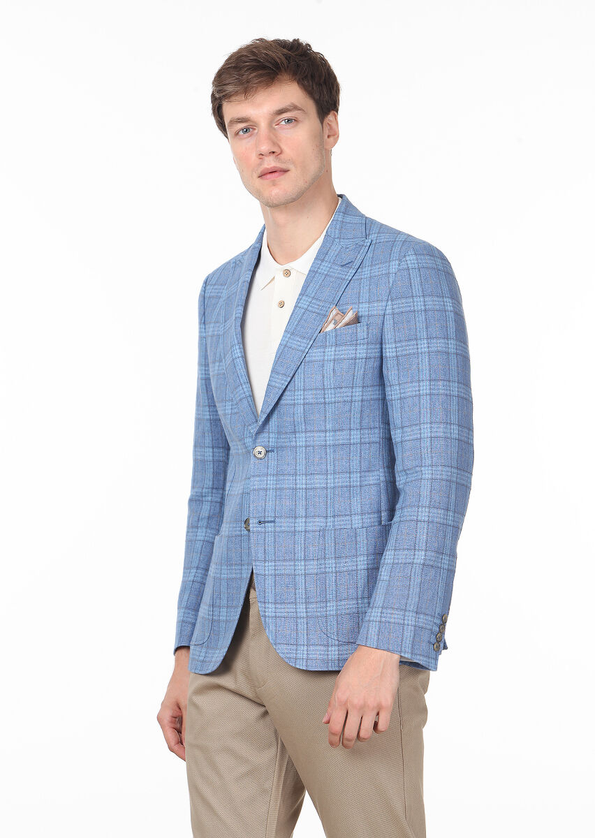 Blue Checkered Zeroweight Slim Fit Cotton Blended Jacket - 1