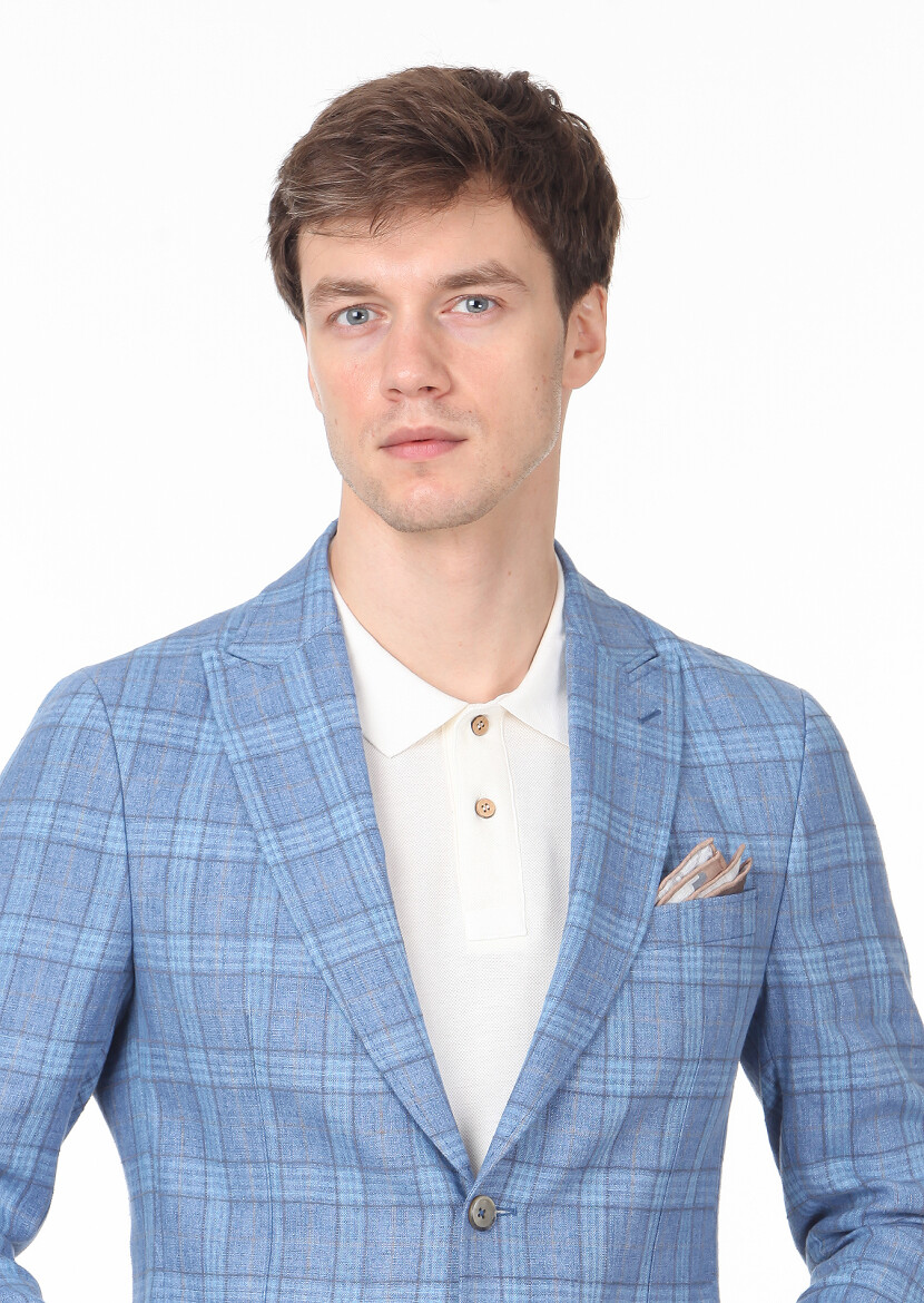 Blue Checkered Zeroweight Slim Fit Cotton Blended Jacket - 2