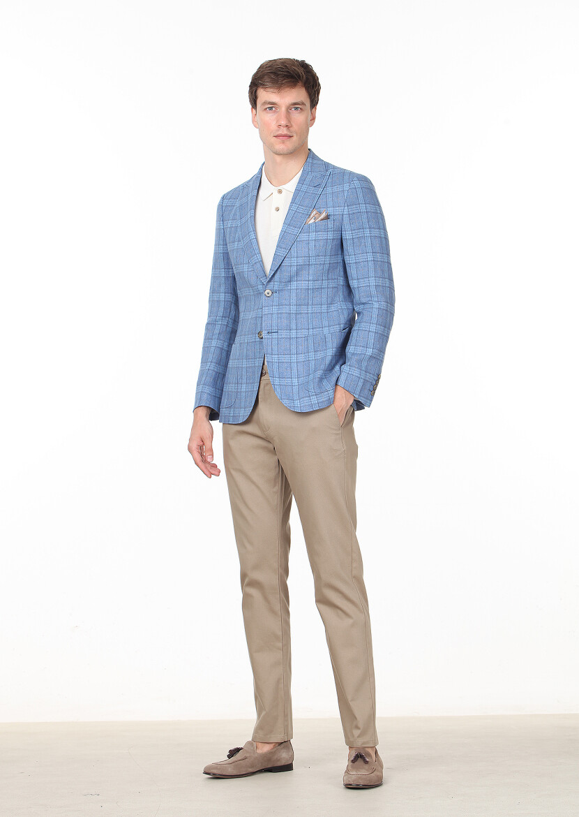 Blue Checkered Zeroweight Slim Fit Cotton Blended Jacket - 3