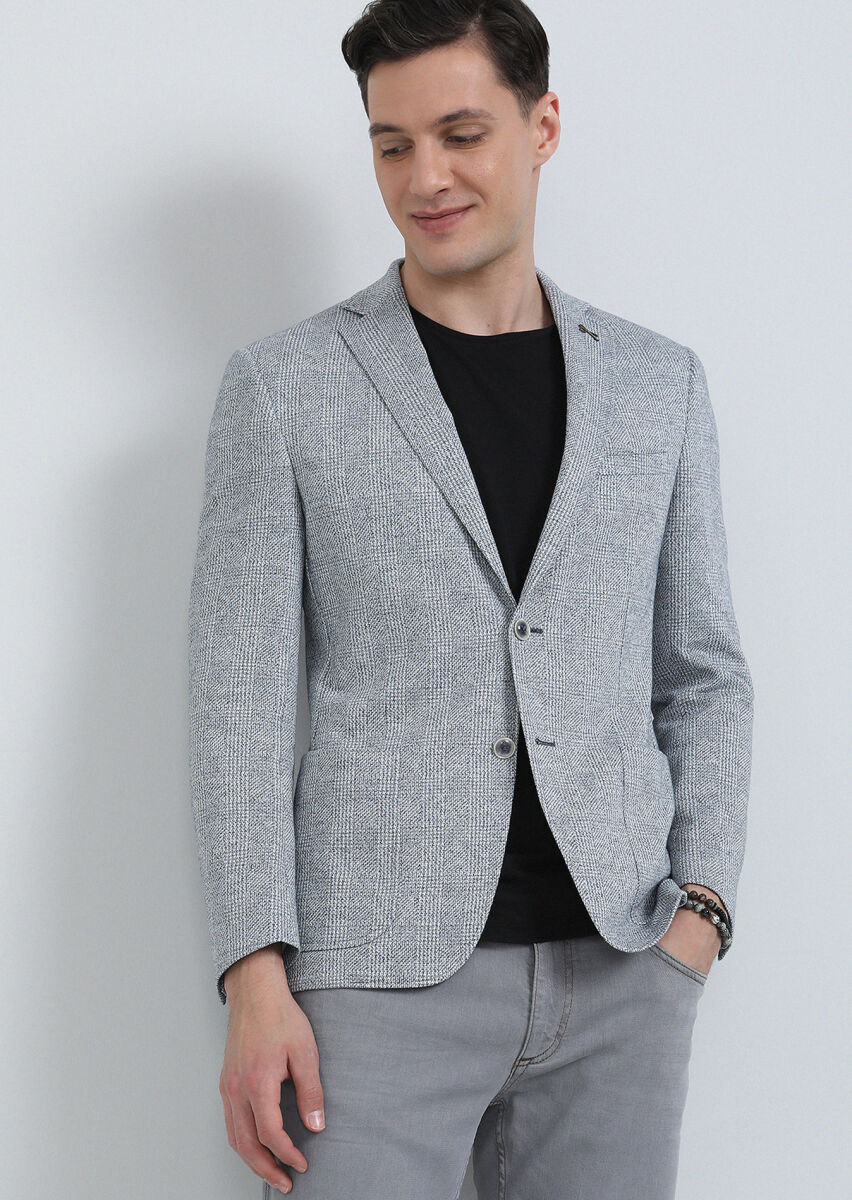 Blue Checkered Zeroweight Slim Fit Cotton Blended Jacket - 1