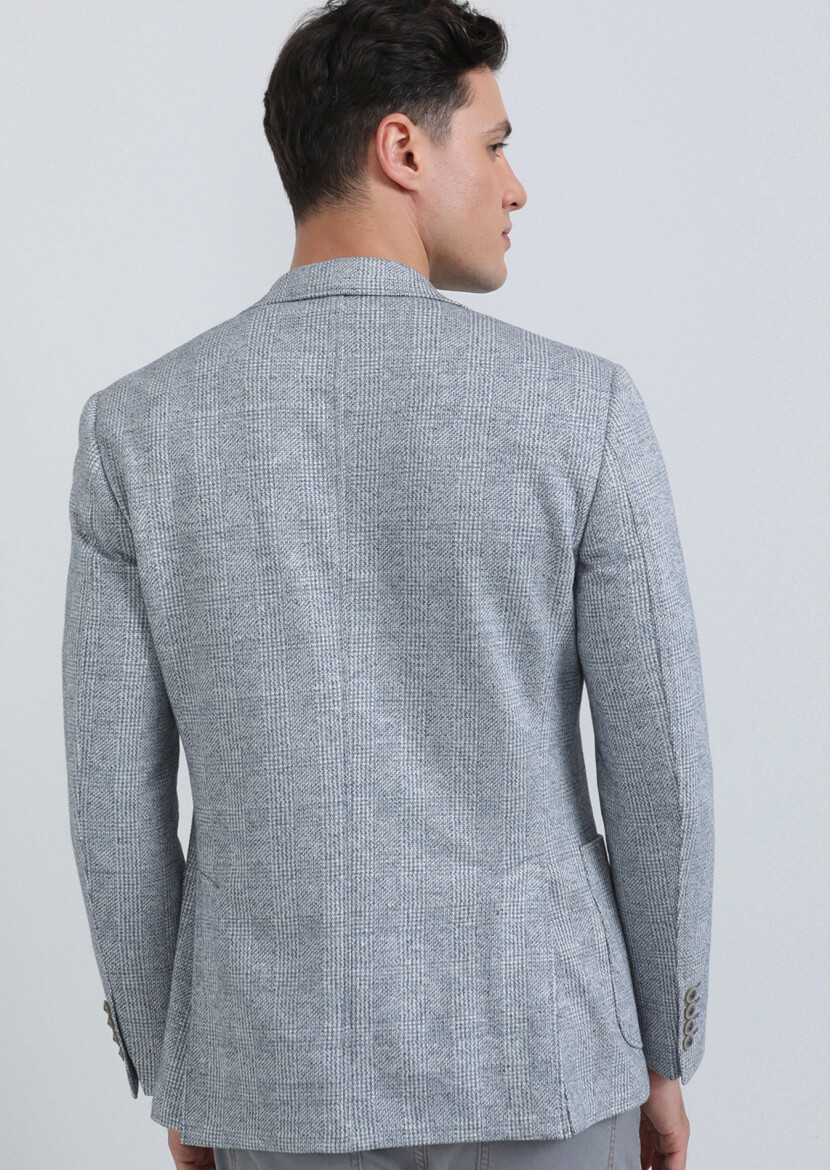 Blue Checkered Zeroweight Slim Fit Cotton Blended Jacket - 4