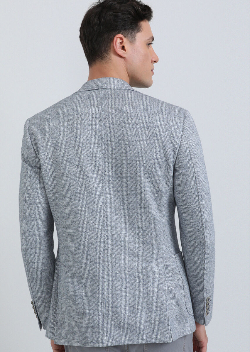 Blue Checkered Zeroweight Slim Fit Cotton Blended Jacket - 4