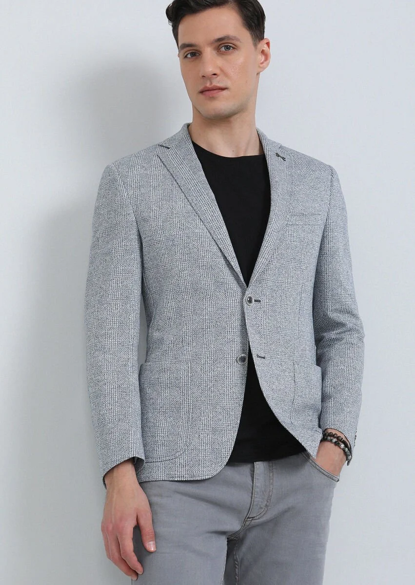 Blue Checkered Zeroweight Slim Fit Cotton Blended Jacket - 3