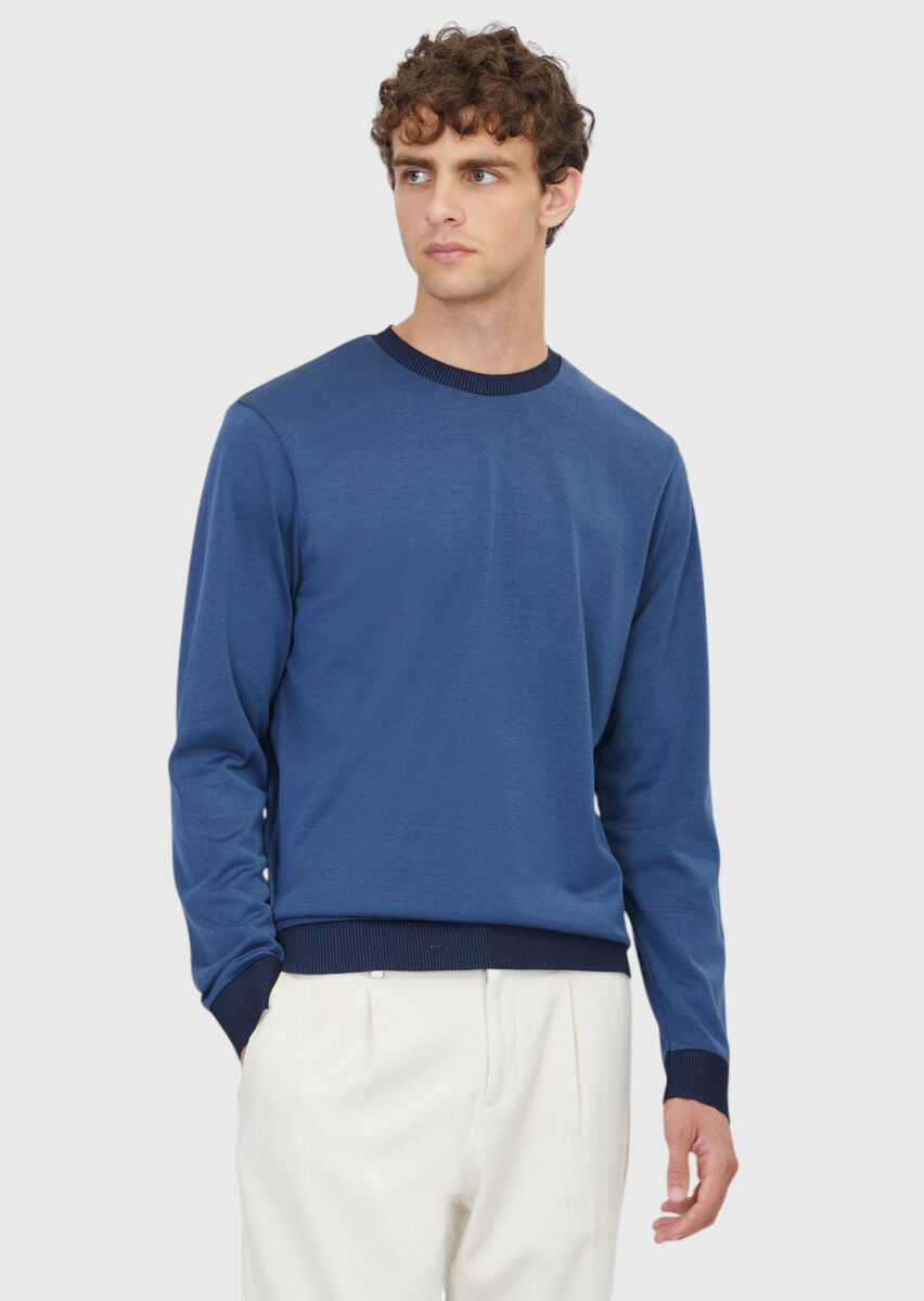 Blue Crew Neck Plain Sweatshirt - 1