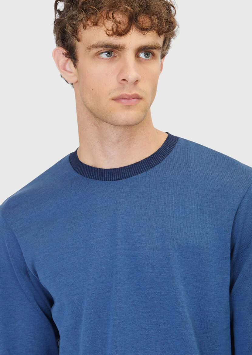 Blue Crew Neck Plain Sweatshirt - 4