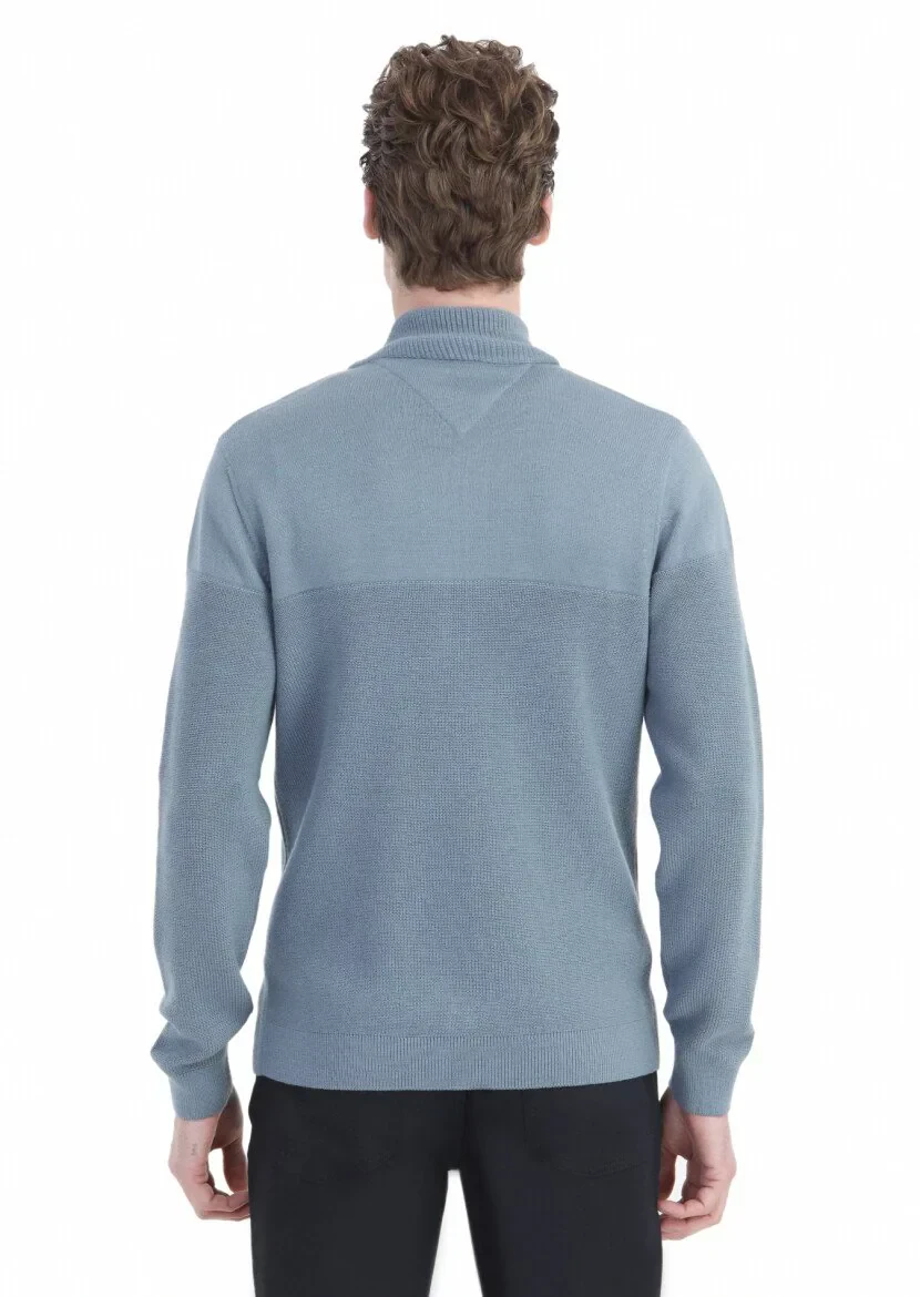 Blue Crew Neck Stitch Crochet Cotton Blended Cardigan - 5