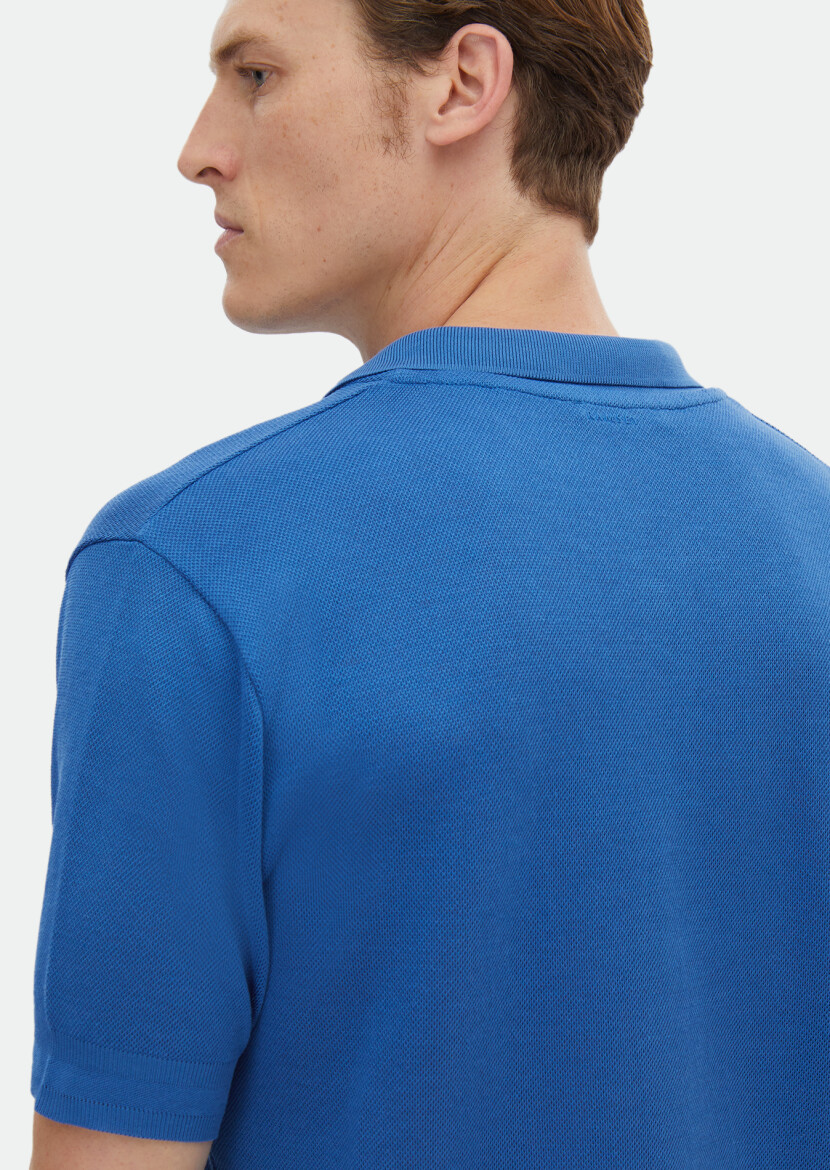 Blue Jacquard Polo Neck 100% Cotton T-Shirt - 4