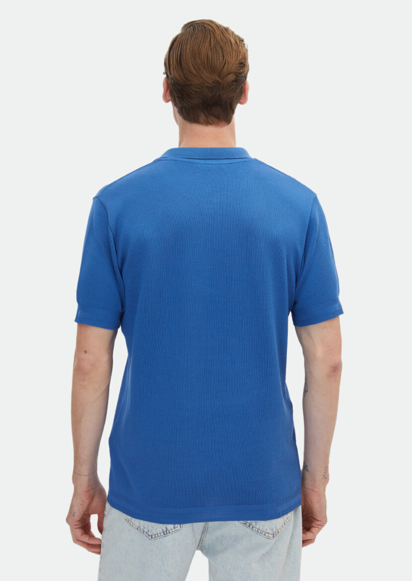 Blue Jacquard Polo Neck 100% Cotton T-Shirt - 5