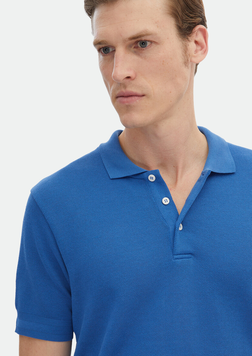 Blue Jacquard Polo Neck 100% Cotton T-Shirt - 1