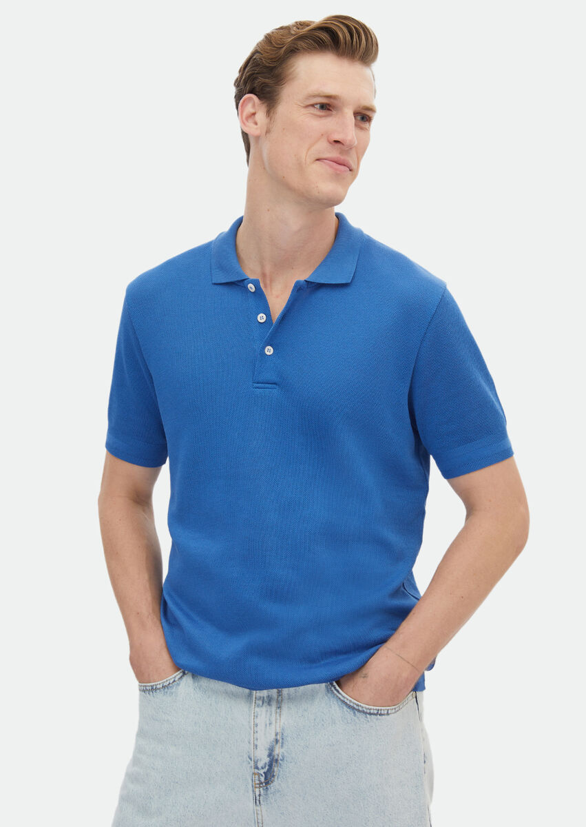 Blue Jacquard Polo Neck 100% Cotton T-Shirt - 3