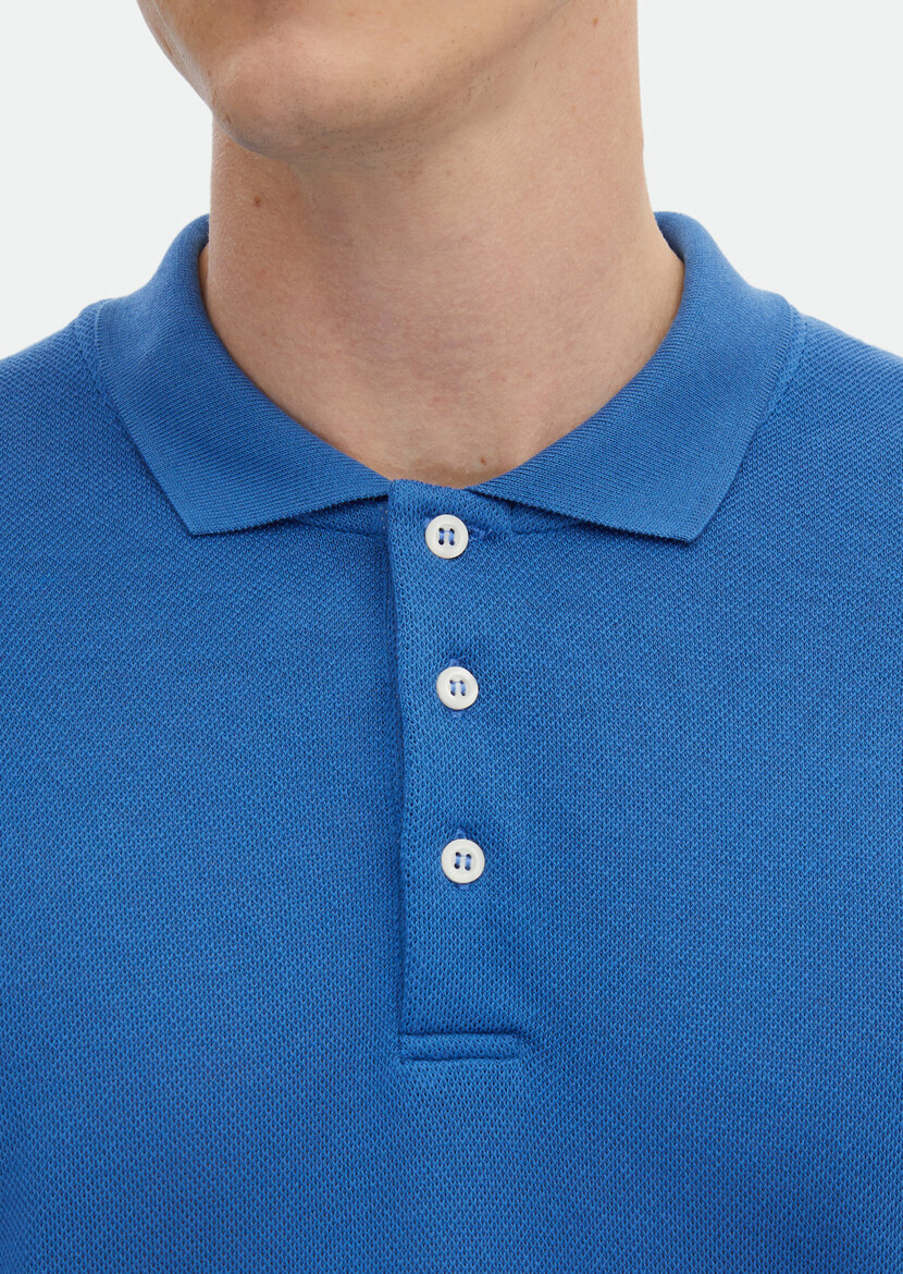 Blue Jacquard Polo Neck 100% Cotton T-Shirt - 4