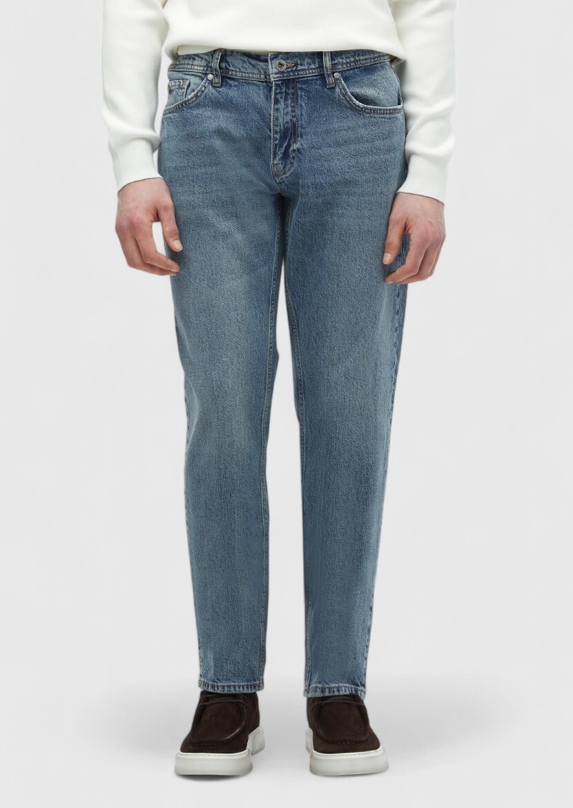 Blue Loose Fit Denim Cotton Blended Trousers - RAMSEY