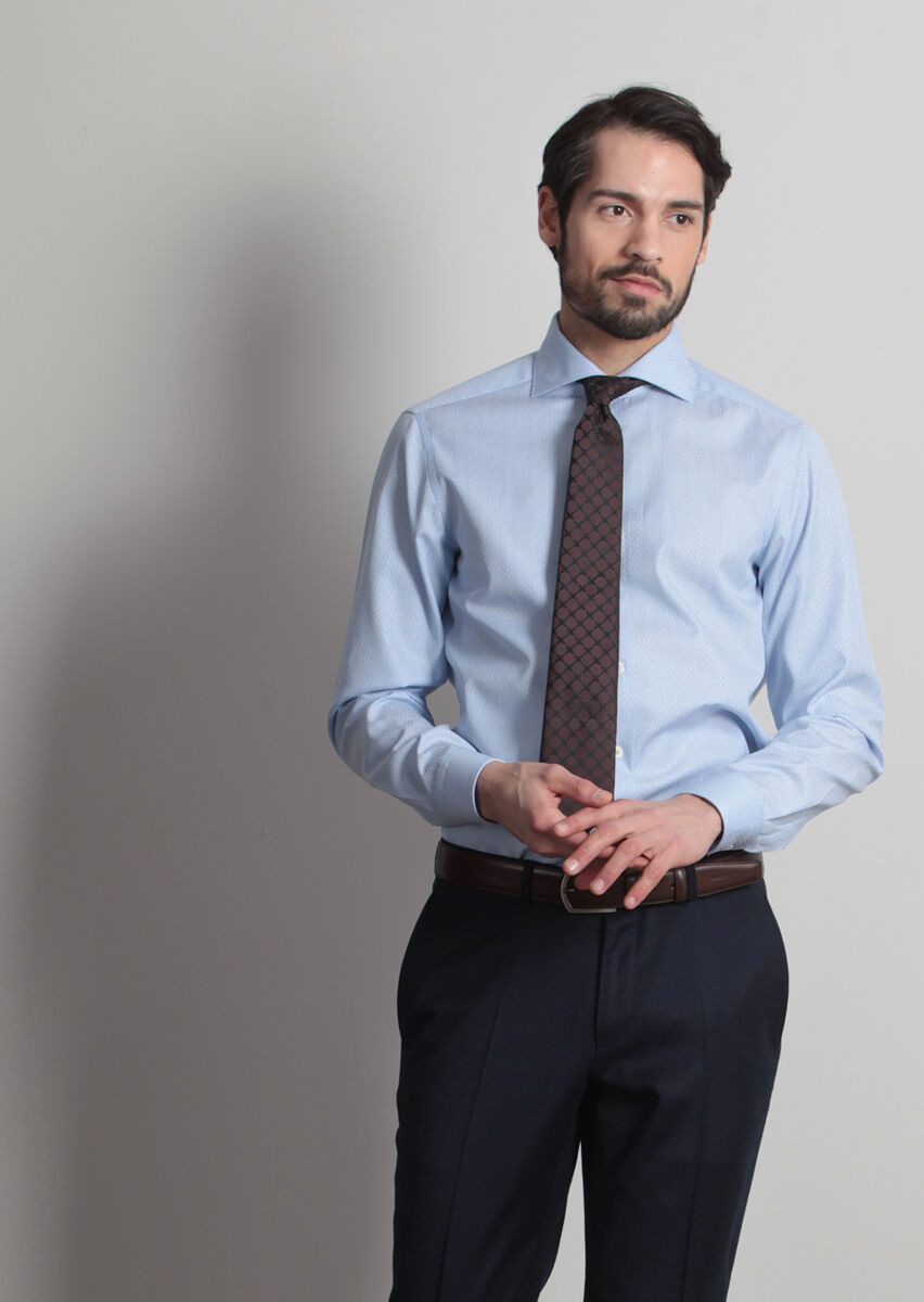Blue Micro Regular Fit Long Weaving Classical 100% Cotton Shirt - 3