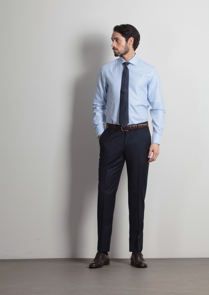 Blue Micro Regular Fit Long Weaving Classical 100% Cotton Shirt - 1