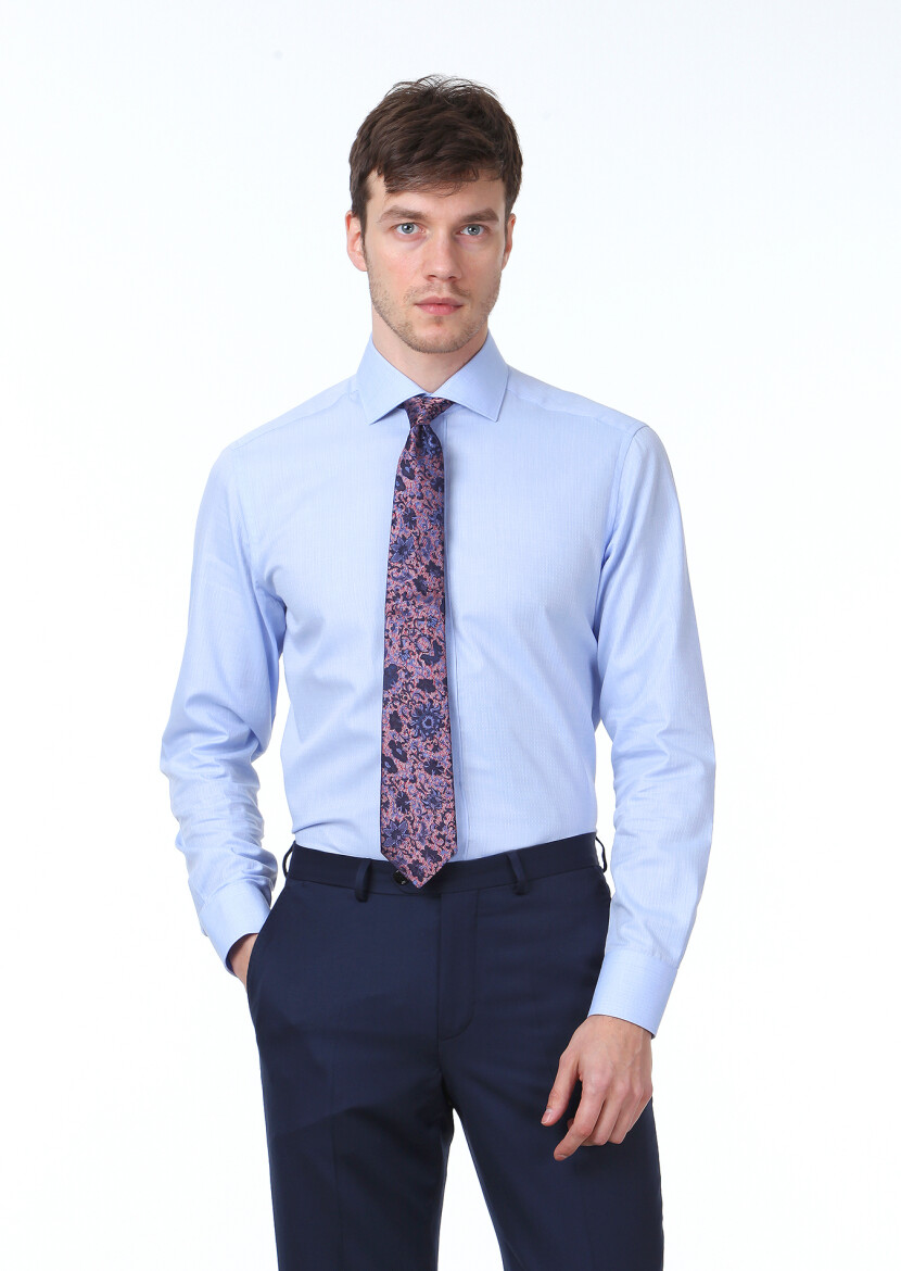 Blue Micro Regular Fit Long Weaving Classical 100% Cotton Shirt - 1