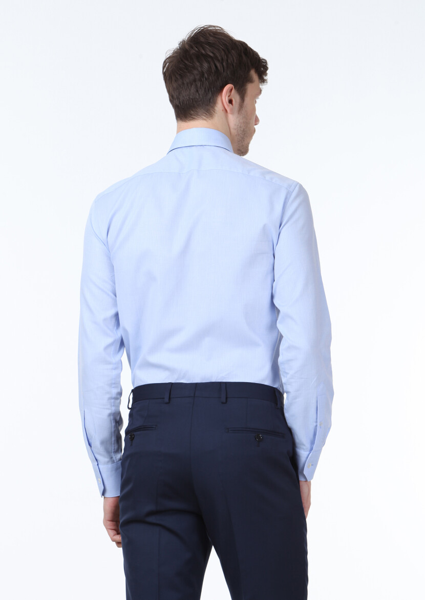 Blue Micro Regular Fit Long Weaving Classical 100% Cotton Shirt - 4