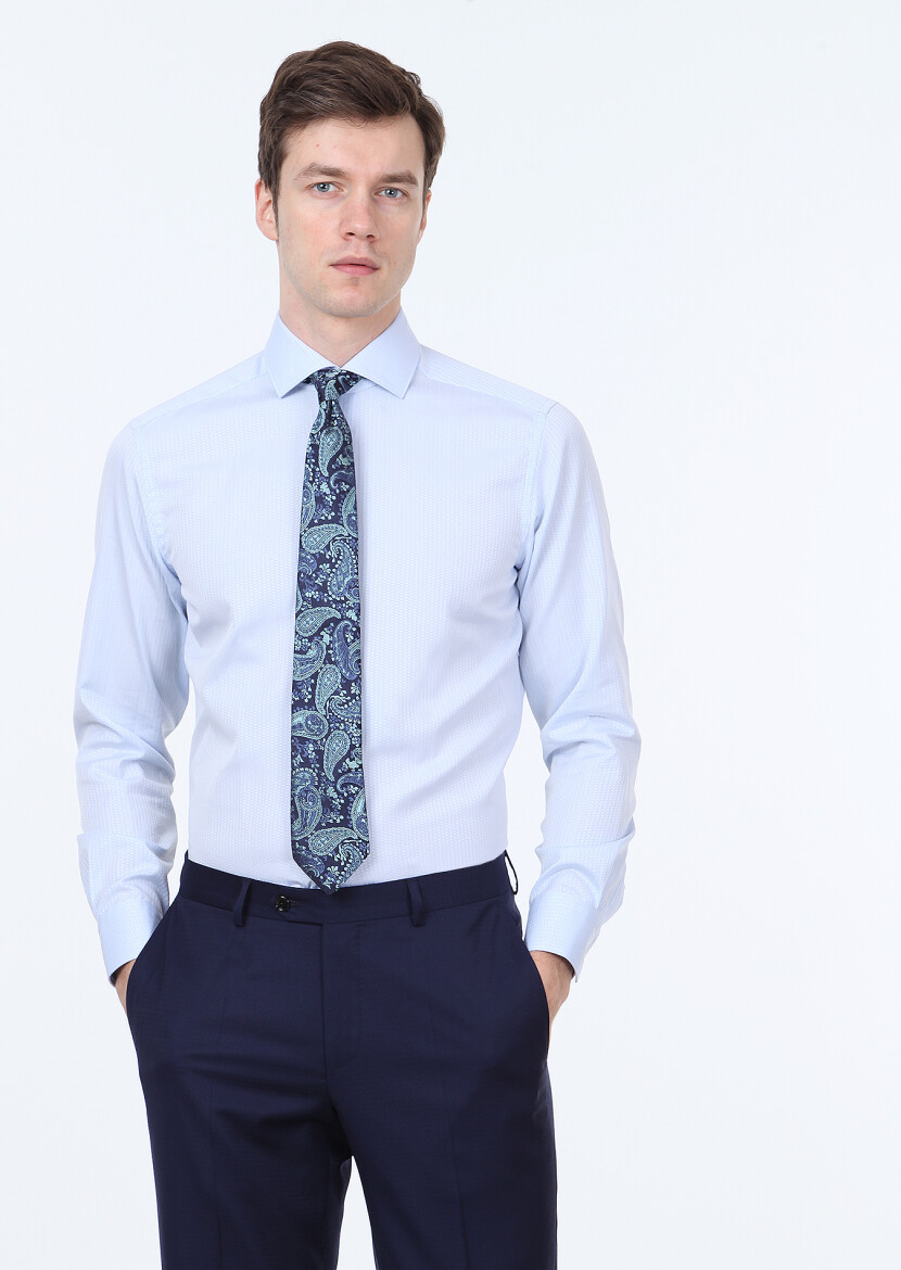 Blue Micro Regular Fit Long Weaving Classical 100% Cotton Shirt - 2