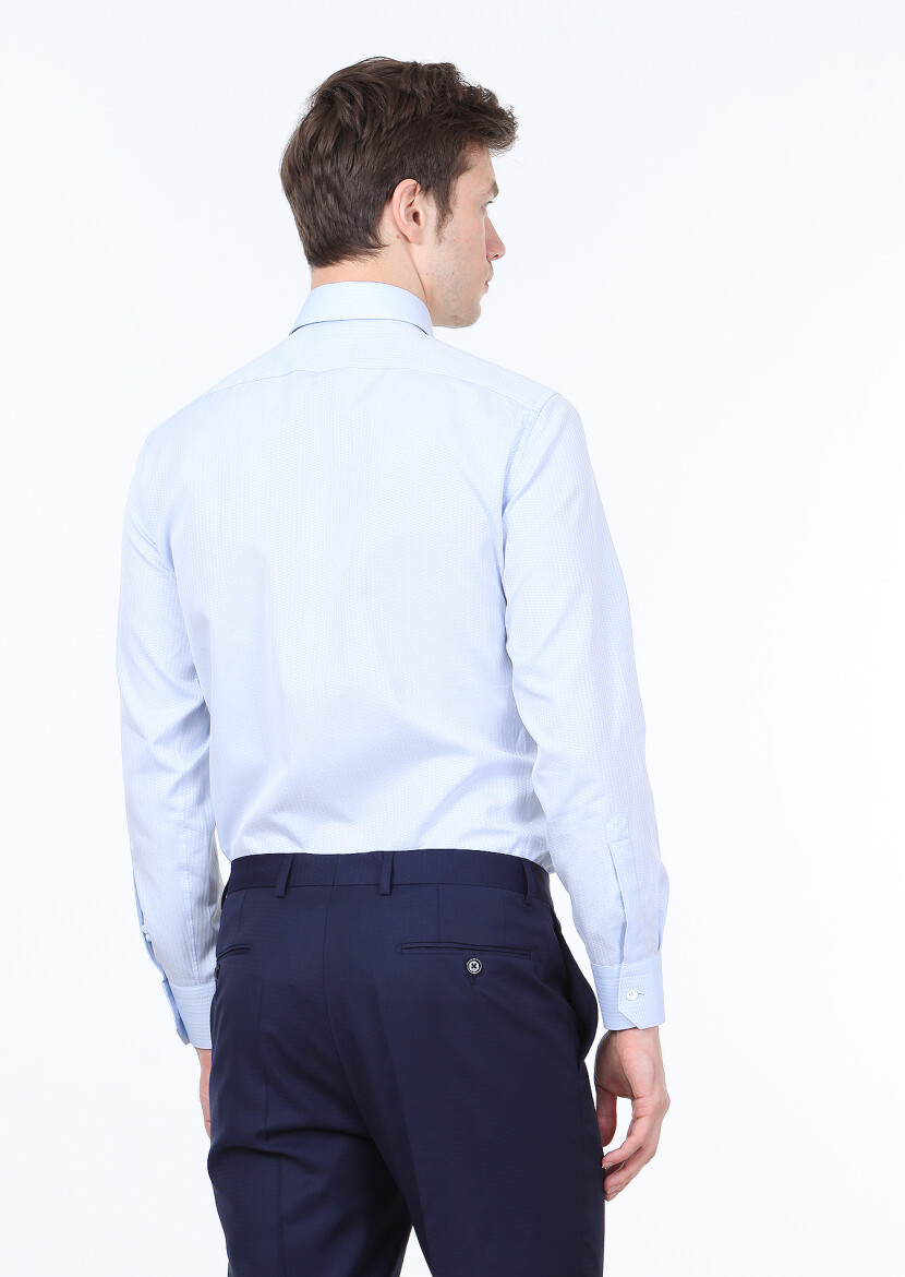 Blue Micro Regular Fit Long Weaving Classical 100% Cotton Shirt - 4