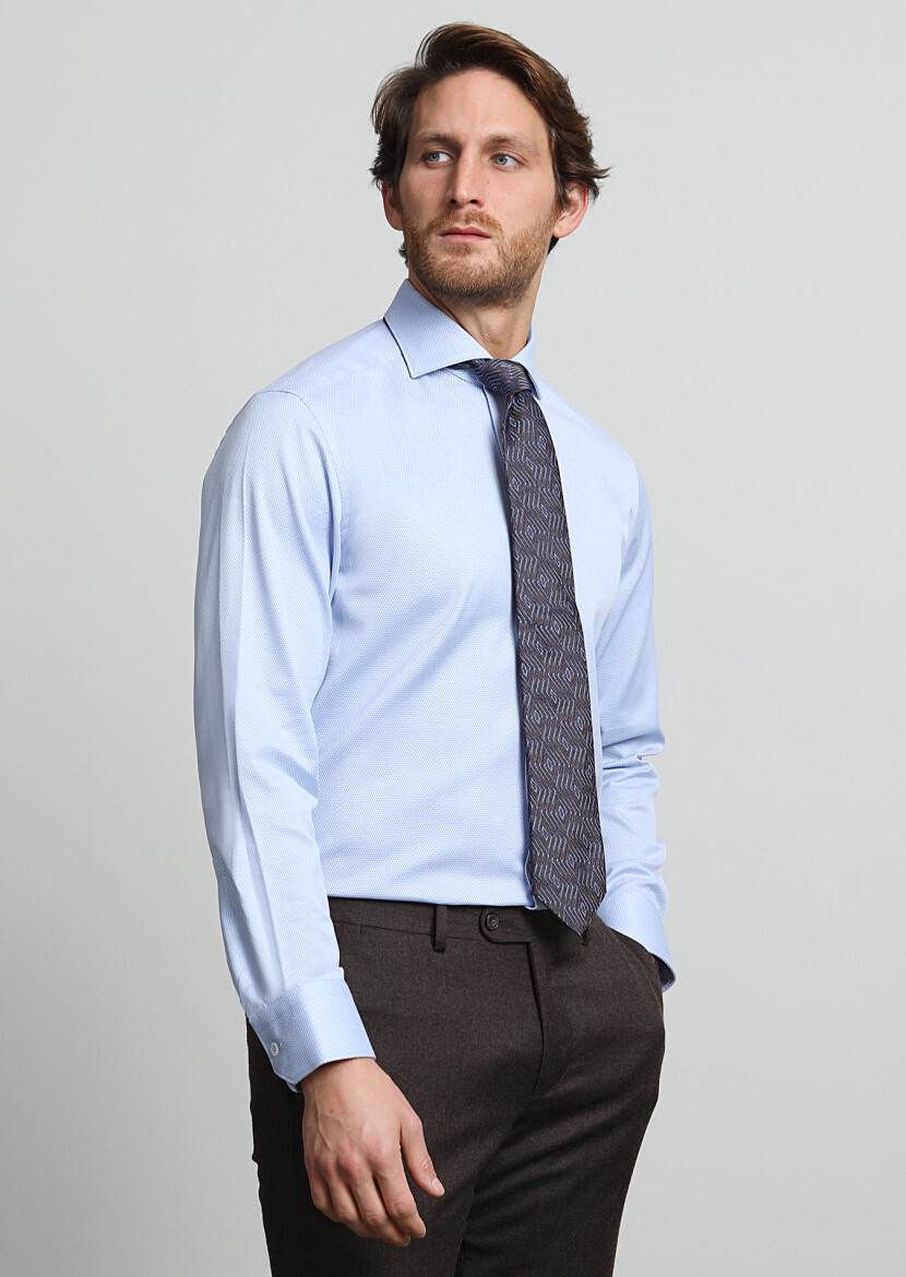 Blue Micro Regular Fit Long Weaving Classical 100% Cotton Shirt - 1
