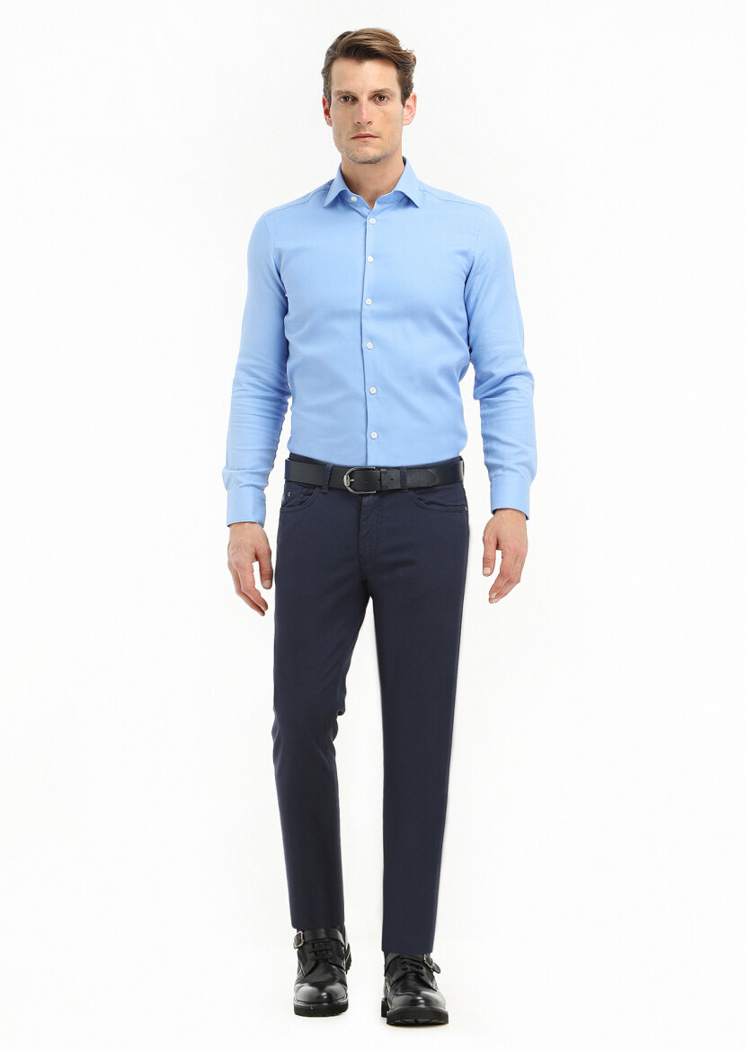 Blue Micro Regular Fit Long Weaving Classical 100% Cotton Shirt - 1