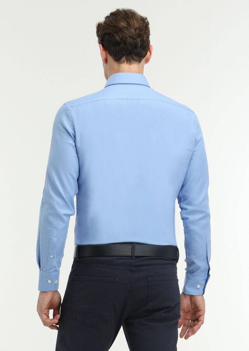 Blue Micro Regular Fit Long Weaving Classical 100% Cotton Shirt - 3