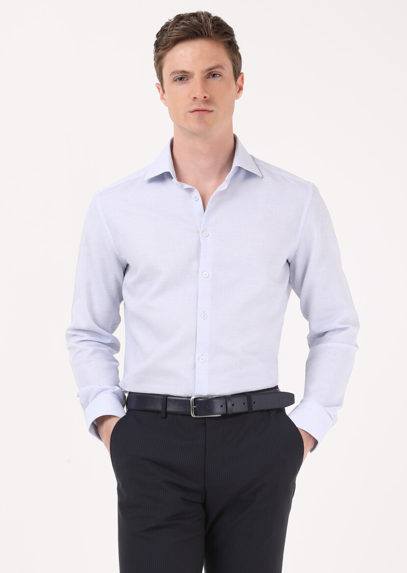 Blue Micro Regular Fit Long Weaving Classical 100% Cotton Shirt - 2