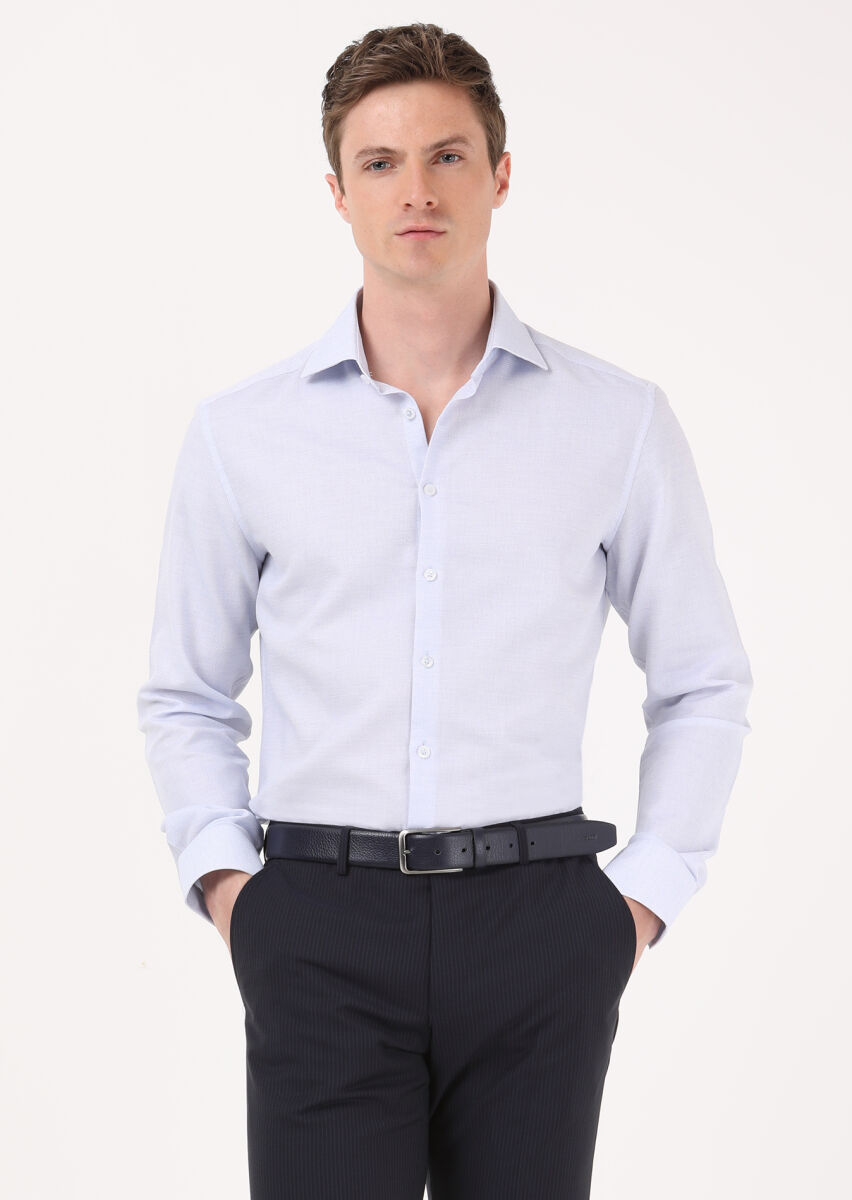 Blue Micro Regular Fit Long Weaving Classical 100% Cotton Shirt - 2