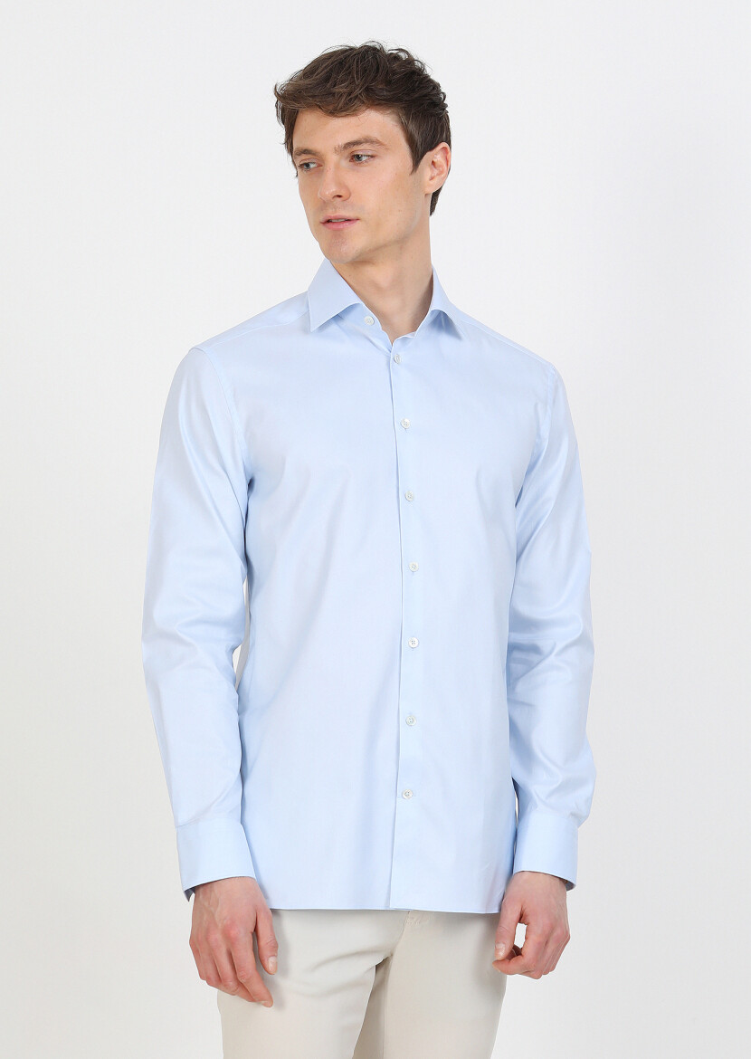 Blue Micro Regular Fit Long Weaving Classical 100% Cotton Shirt - 2