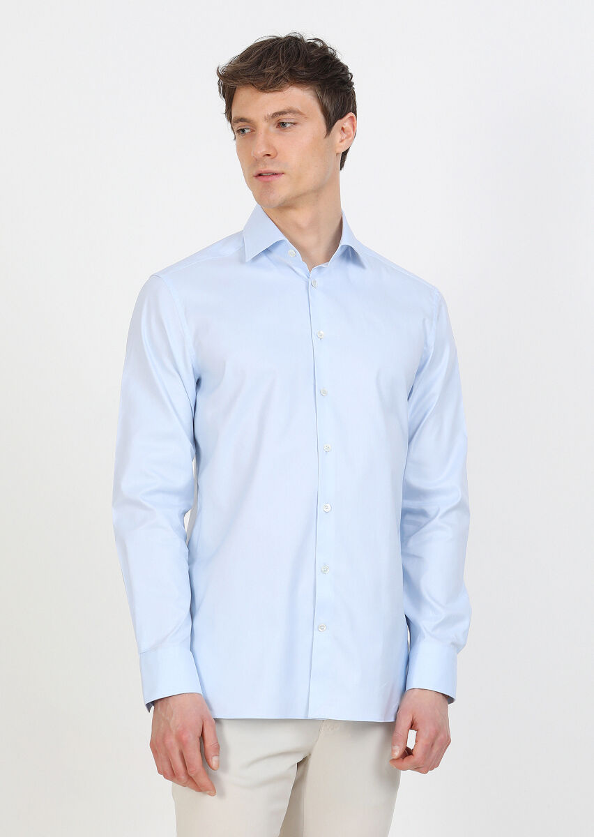 Blue Micro Regular Fit Long Weaving Classical 100% Cotton Shirt - 2