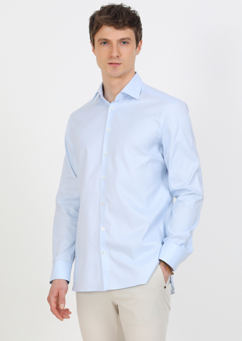 Blue Micro Regular Fit Long Weaving Classical 100% Cotton Shirt - 4