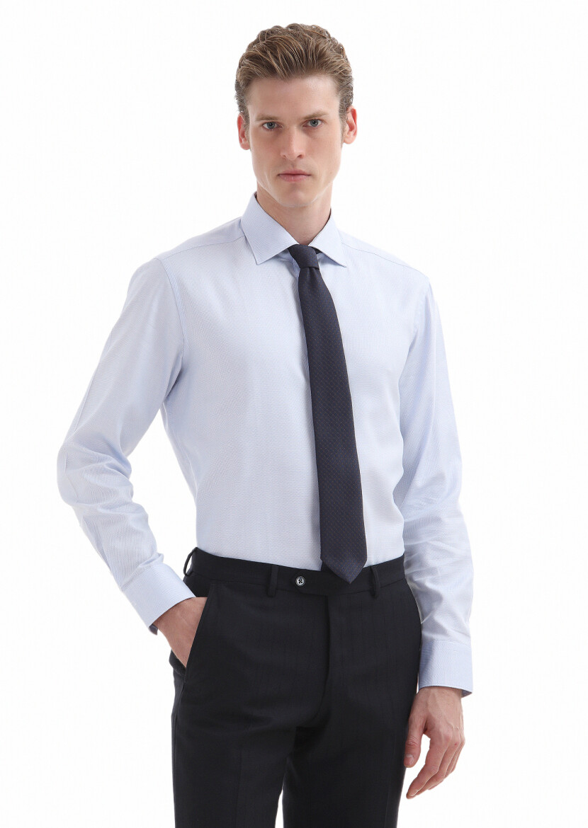 Blue Micro Regular Fit Long Weaving Classical 100% Cotton Shirt - 2