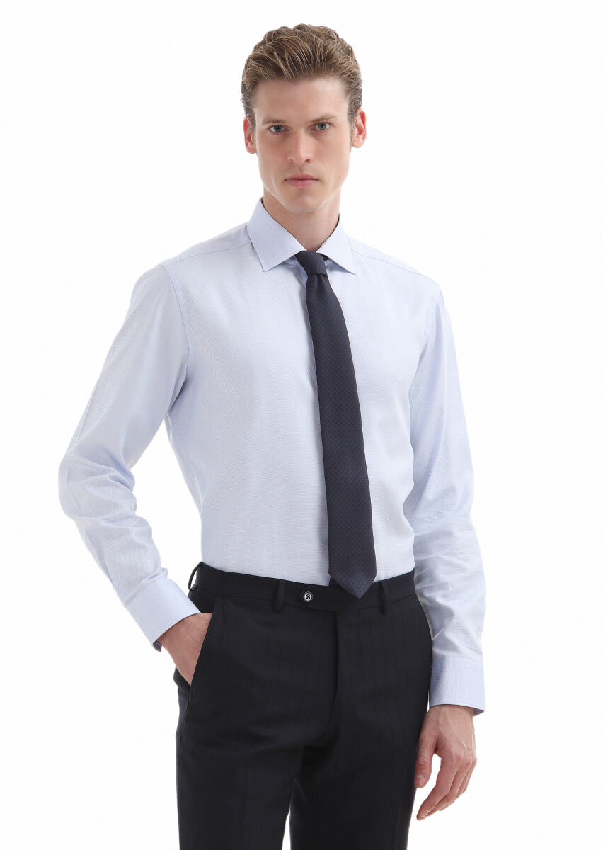 Blue Micro Regular Fit Long Weaving Classical 100% Cotton Shirt - 2
