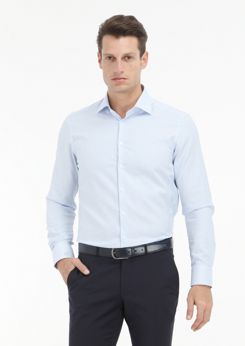 Blue Micro Regular Fit Long Weaving Classical 100% Cotton Shirt - 2