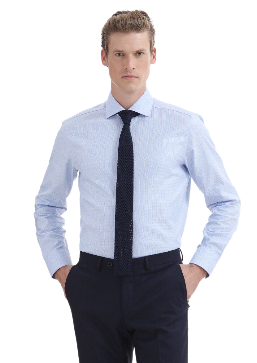 Blue Micro Regular Fit Long Weaving Classical 100% Cotton Shirt - 1