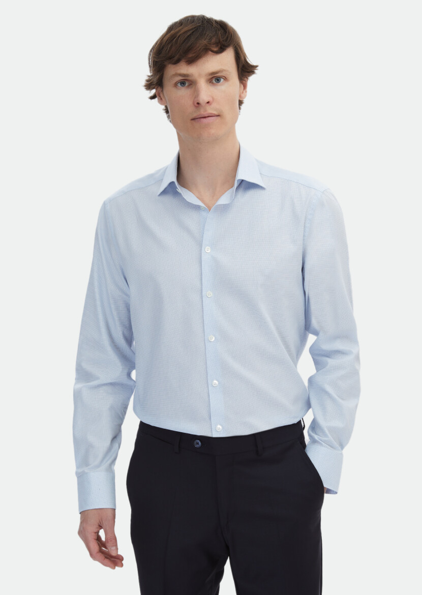Blue Micro Regular Fit Long Weaving Classical 100% Cotton Shirt - RAMSEY