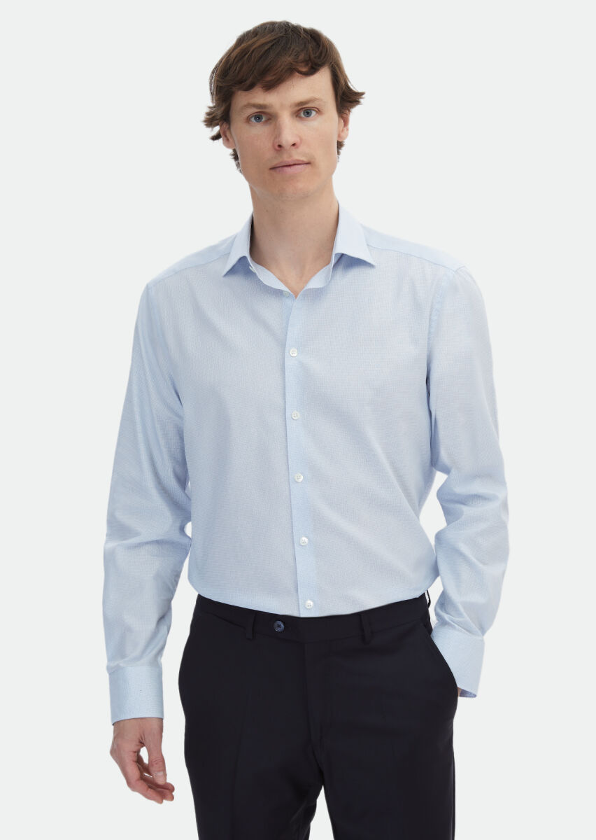 Blue Micro Regular Fit Long Weaving Classical 100% Cotton Shirt - 1