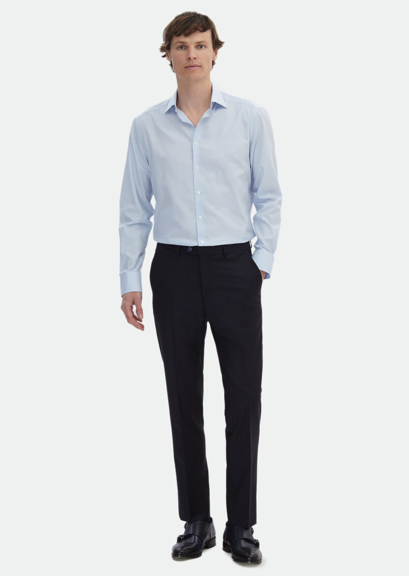 Blue Micro Regular Fit Long Weaving Classical 100% Cotton Shirt - RAMSEY
