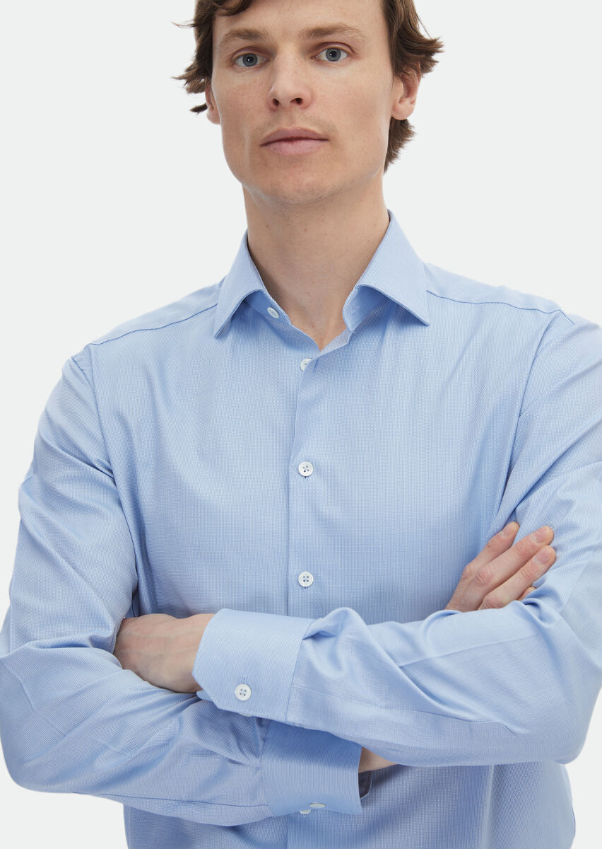 Blue Micro Regular Fit Long Weaving Classical 100% Cotton Shirt - 3