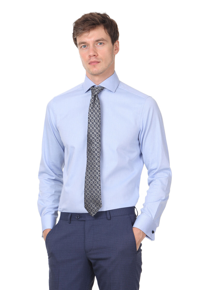 Blue Micro Regular Fit Long Weaving Classical Cotton Blended Shirt - 1