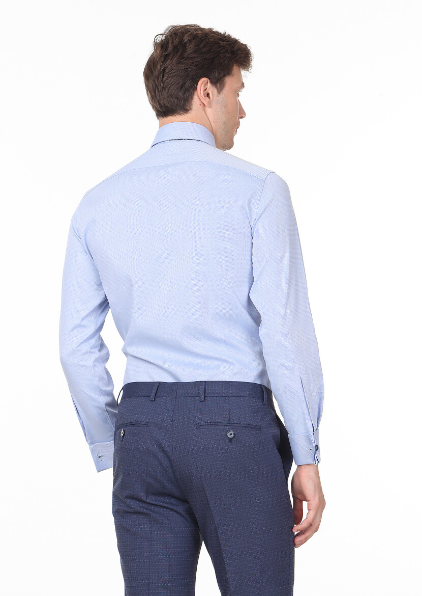 Blue Micro Regular Fit Long Weaving Classical Cotton Blended Shirt - 4