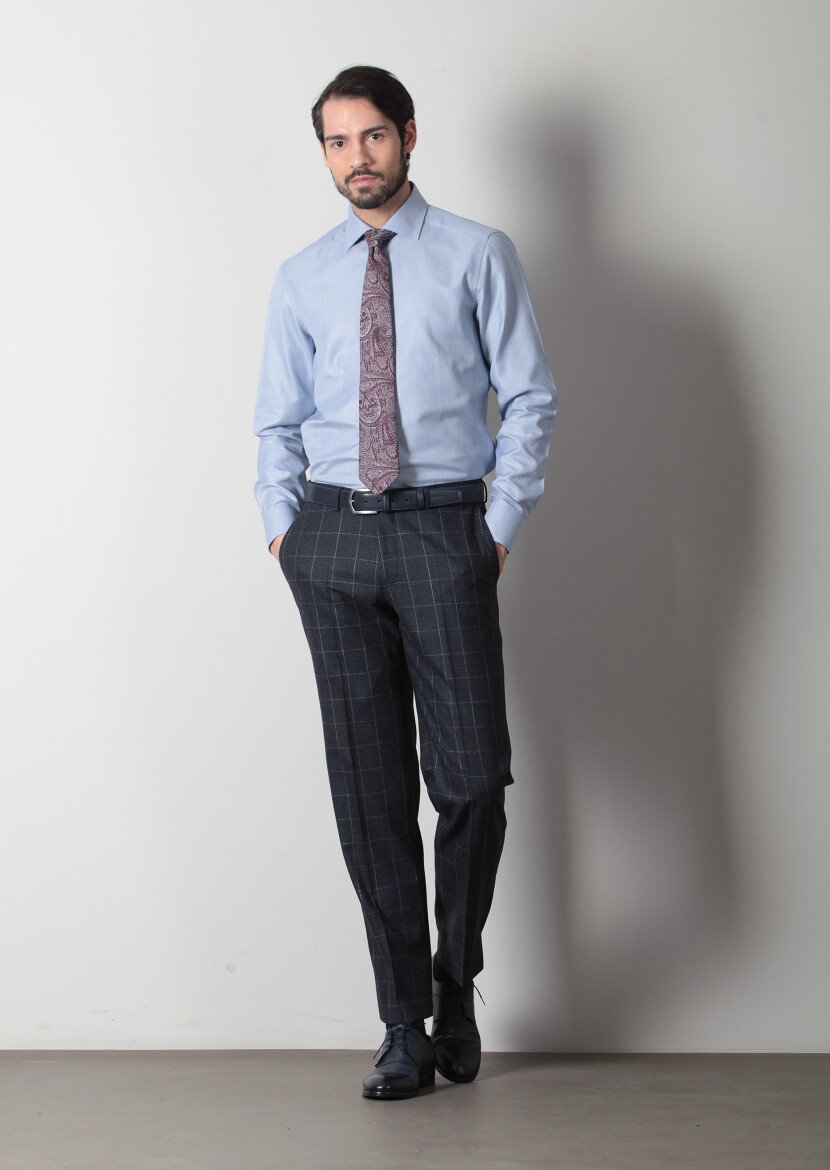 Blue Micro Regular Fit Weaving Classical 100% Cotton Shirt - 1